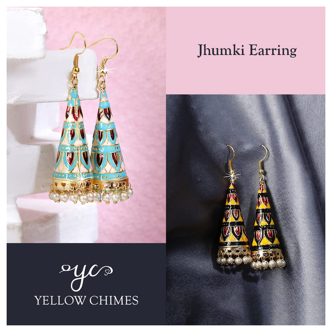 Yellow Chimes Earrings for Women and Girls | Traditional Handmade Multicolor Meenakari Jhumka | Gold Plated Jhumki Set | Jhumkas Earring Combo | Accessories Jewellery for Women | Birthday Gift for Girls and Women Anniversary Gift for Wife