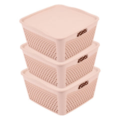 Kuber Industries Netted Design Unbreakable Multipurpose Square Shape Plastic Storage Baskets with lid Large Pack of 3 (Beige)
