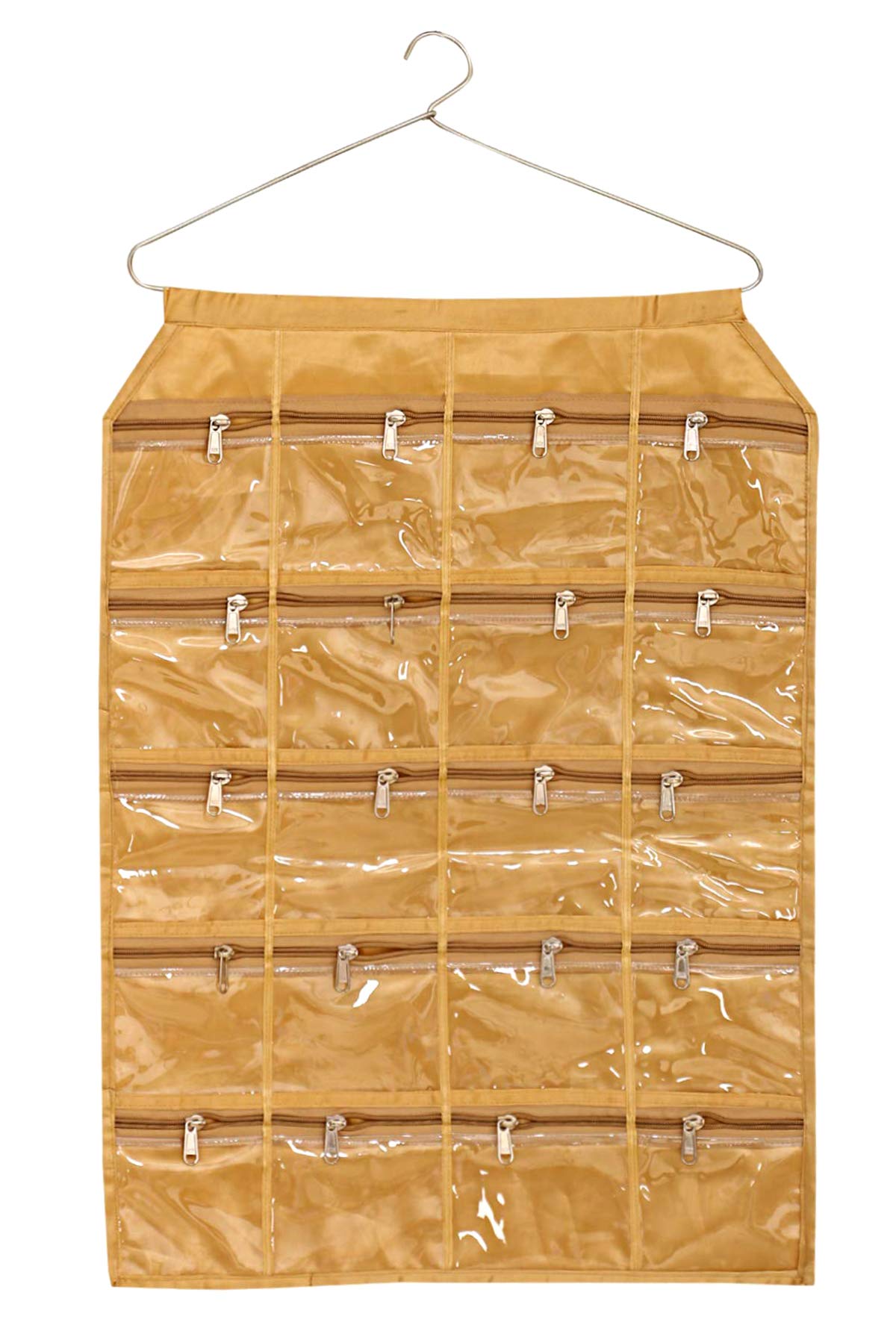Kuber Industries Hanging Jewellery Organisers with 20 Zipper Pockets|Metal Hanger|Zipper Pockets|GOLD