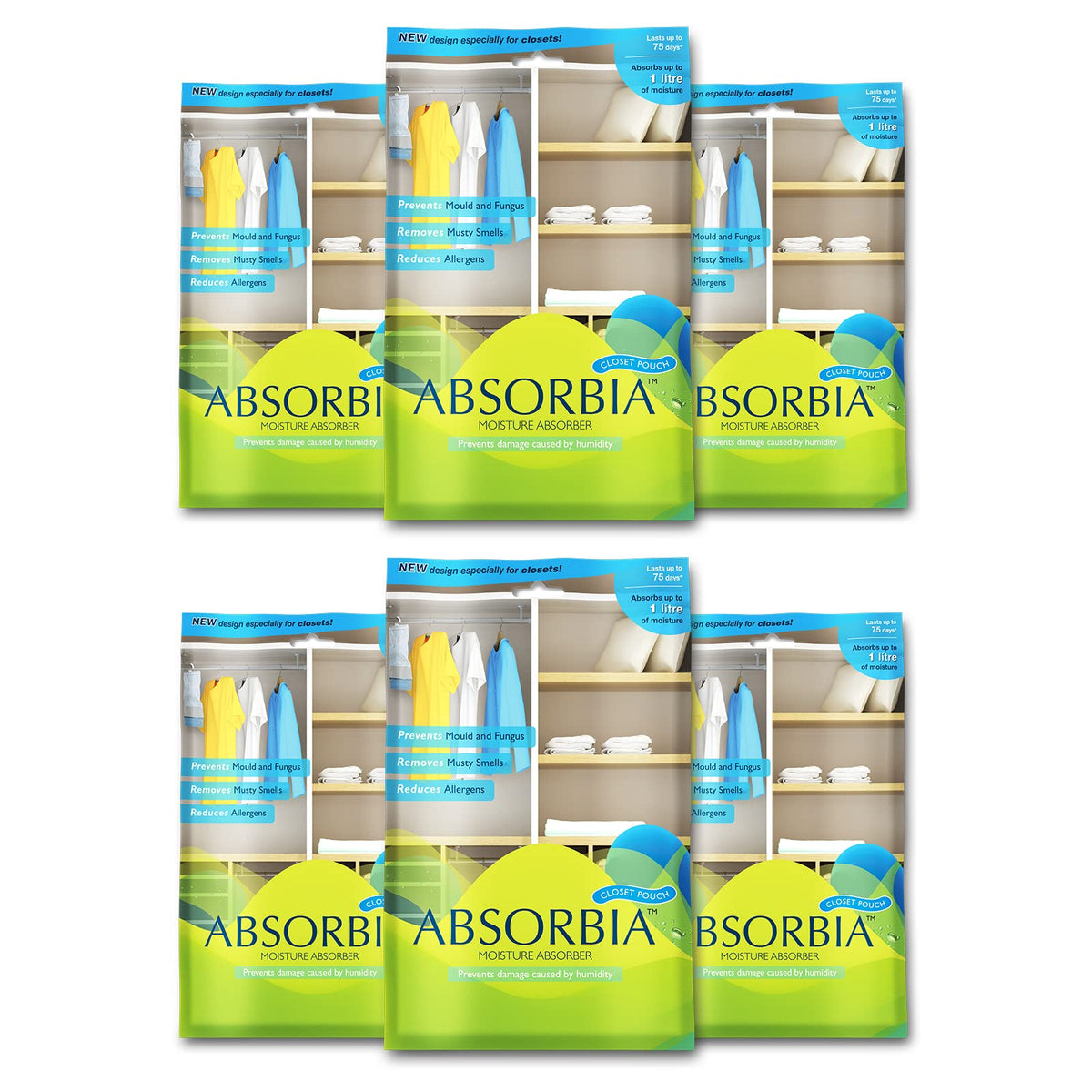 Absorbia Moisture Absorber| Absorbia Hanging Pouch - Season Pack of 6 (440 gms X 6 Pouches) | Absorption Capacity 1000ml Each | Dehumidifier for Wardrobe, Closet & Bathroom| Fights Against Moisture, Mould, Fungus & Musty Smells