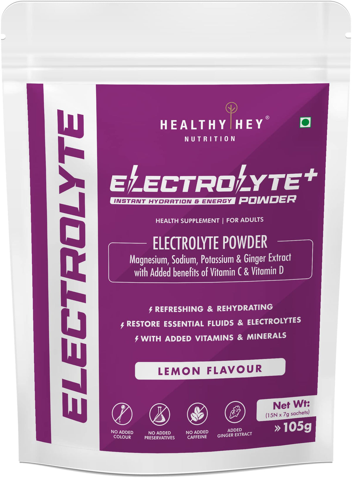 HealthyHey Nutrition Electrolyte Powder, Natural Lemon Flavor - Hydration Drink Mix Supplement with Ginger Extract - Boost Energy - NO Maltodextrin Sugar - 15 Servings