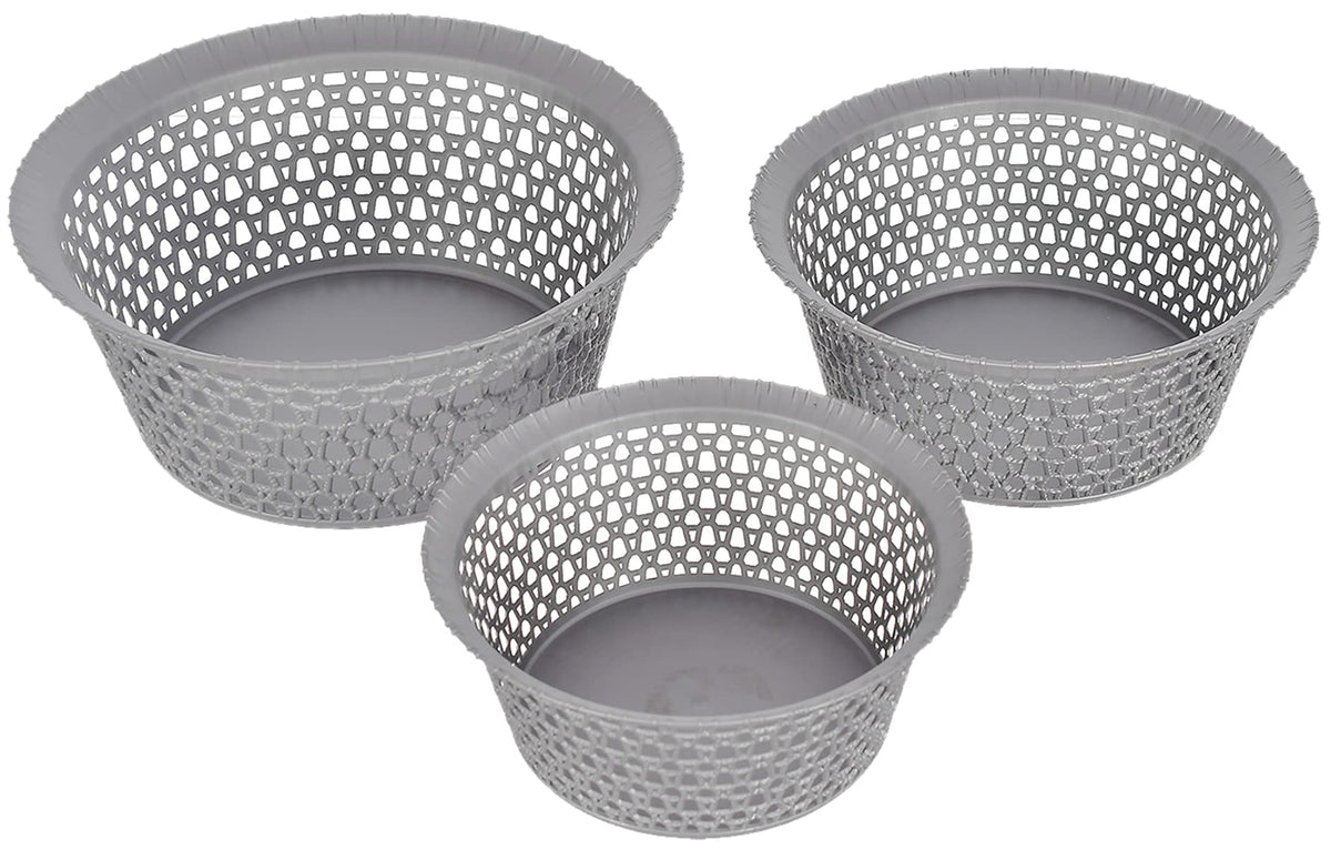 Heart Home Multipurposes Round Plastic Basket, Organizer for Kitchen, Countertops, Cabinets, Bathrooms- Set of 3 (Grey) -46KHH02