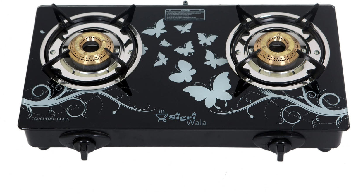 SigriWala Gas Stove 2 Burner, Auto Ignition, Thermal Tempered Glass Cooktop, LPG Compatible, Designer (ISI Certified, Door Step Service, 300 Days Warranty)