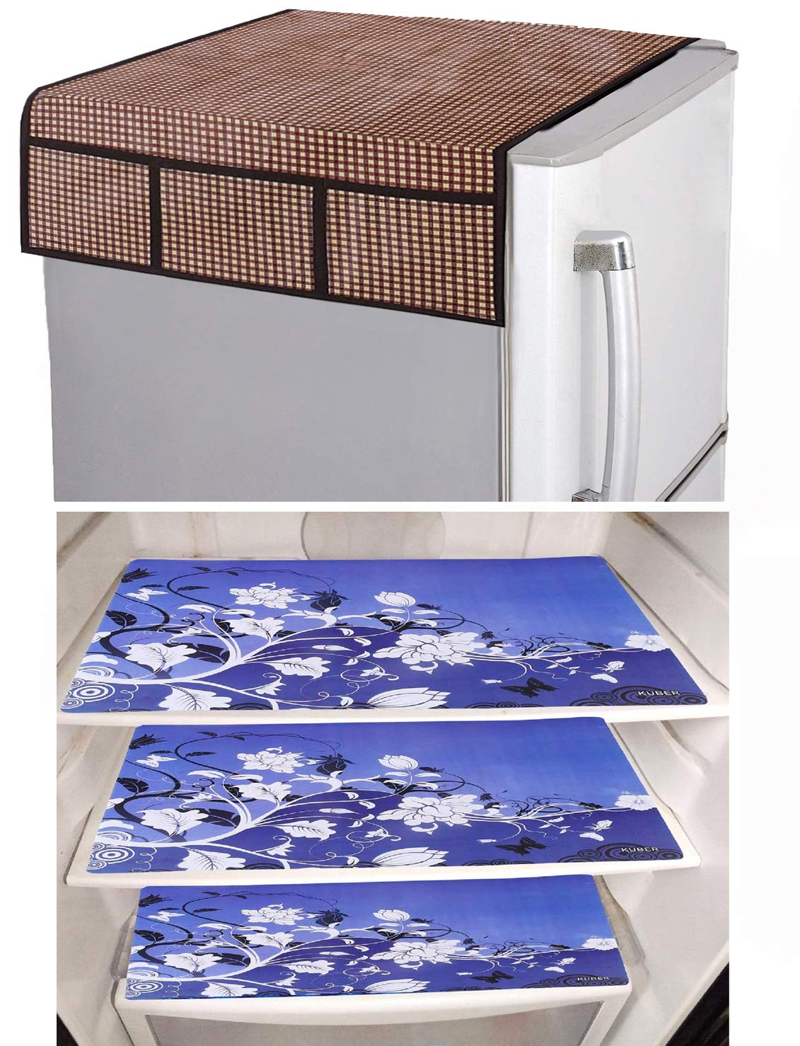 Kuber Industries PVC 3 Pieces Fridge Mats and 1 Piece Fridge Top Cover (Brown & Gold)-CTKTC032806