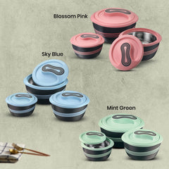 Pinnacle Palazio Inner Stainless Steel Casserole Set of 3 | 500 ml, 1000 ml, 2000 ml | Hot Box | Roti Box | Ideal as Serving Bowl | Hot Case | Blue (Green)