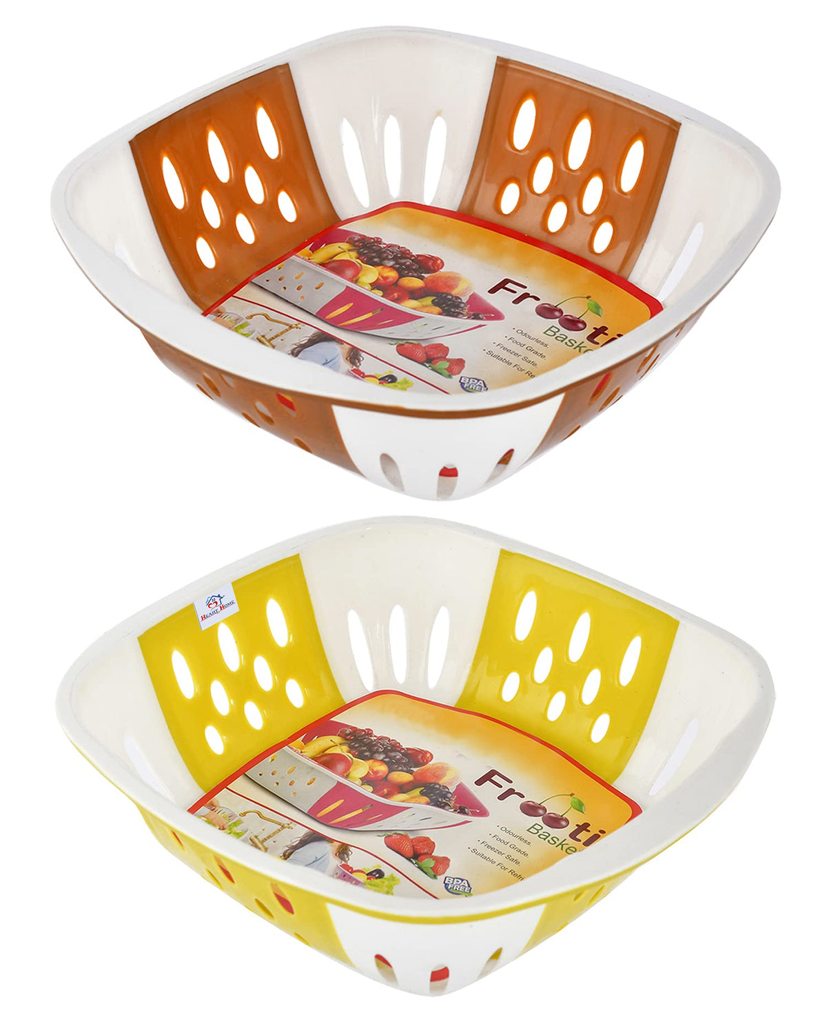 Heart Home Large Multi-Purpose Plastic Storage Baskets for Fruits Vegetables and Kitchen Fridge Dining Table- Pack of 2 (Brown & Green)-HS42KUBMART25408