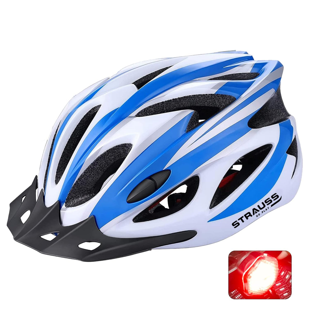 Strauss Adjustable Cycling & Skating Helmet with Detachable Visor & Safety Light | Light Weight with Ventilation | Adjustable Strap, Comfortable Chin Pad | Ideal for Men, Women & Kids (Blue/White)