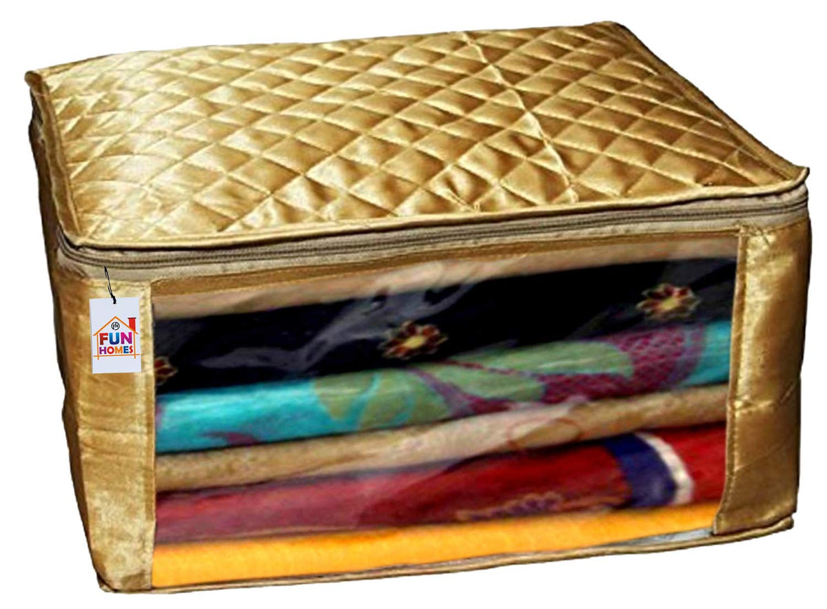 Fun Homes Designer Saree Cover Large Size in Golden Satin Material with Capacity of Up to 15 Sarees/Wedding Gift (Golden)
