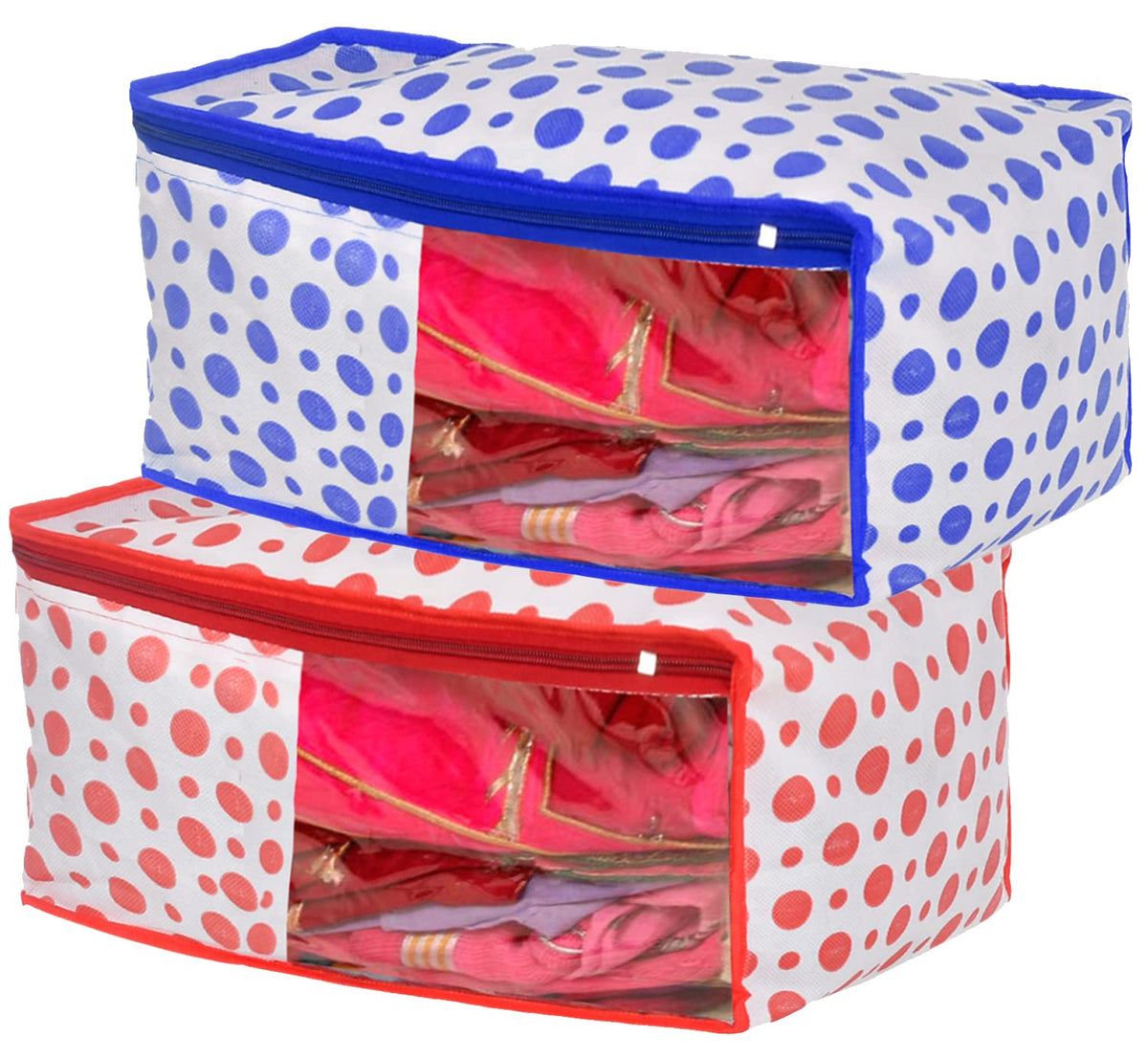 Kuber Industries Dot Printed Foldable, Lightweight Non-Woven Blouse Cover/Organizer With Tranasparent Window- Pack of 2 (Blue & Pink)-46KM0311