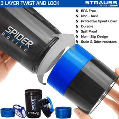 STRAUSS Spider Gym Shaker Bottle | Shakers for Protein Shake with 2 Storage Compartment | Leakproof Gym Protein Shaker for Post and Pre-Workout Drink | 100% BPA Free (500 ML, Pack of 1,Blue)