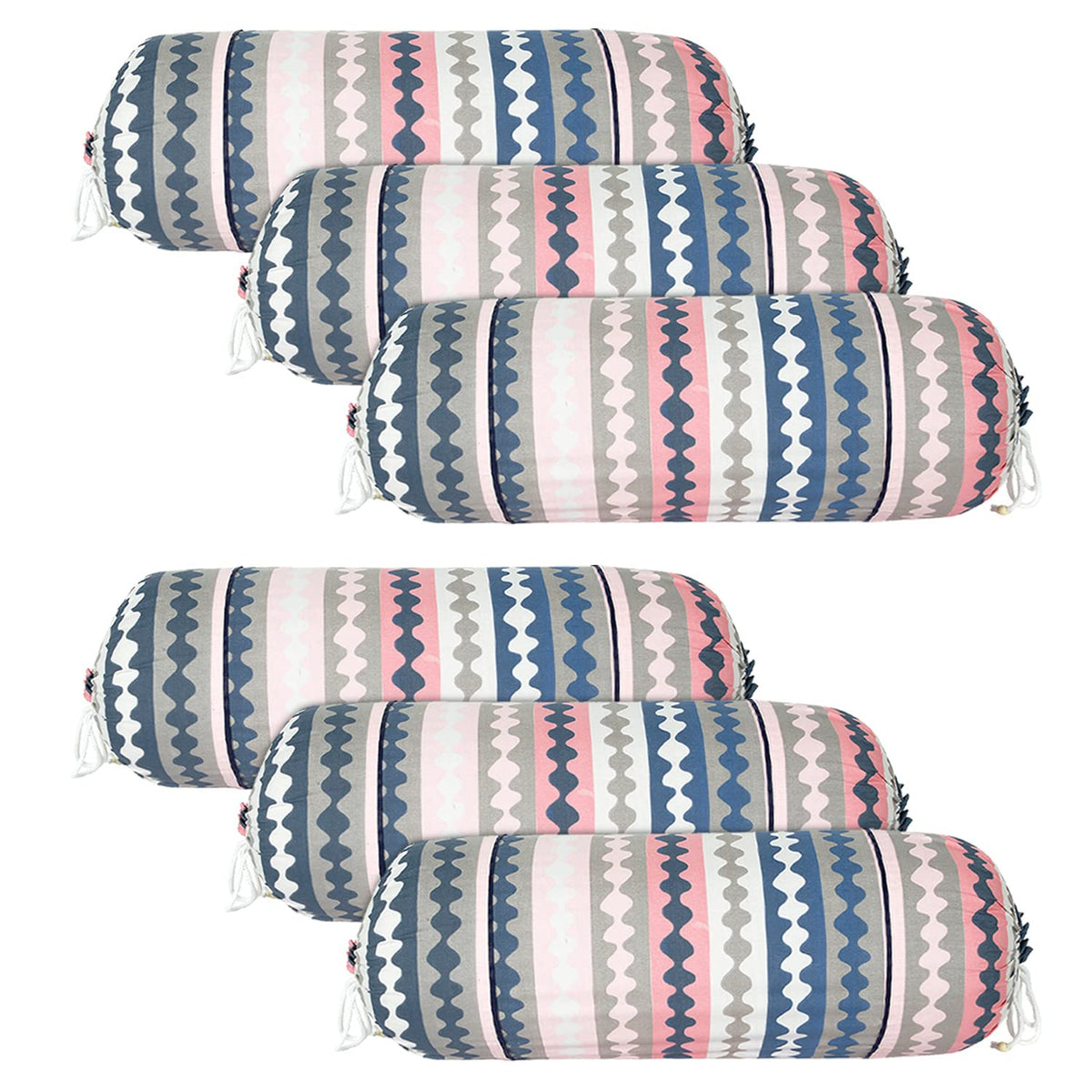 Kuber Industries Bolster Covers | Soft Cotton Bolster Cover Set | Diwan Round Bolster Pillow Covers | Zig Zag Design Roll Masand Cover | 16x32 Inch | Pack of 6 | Multicolor