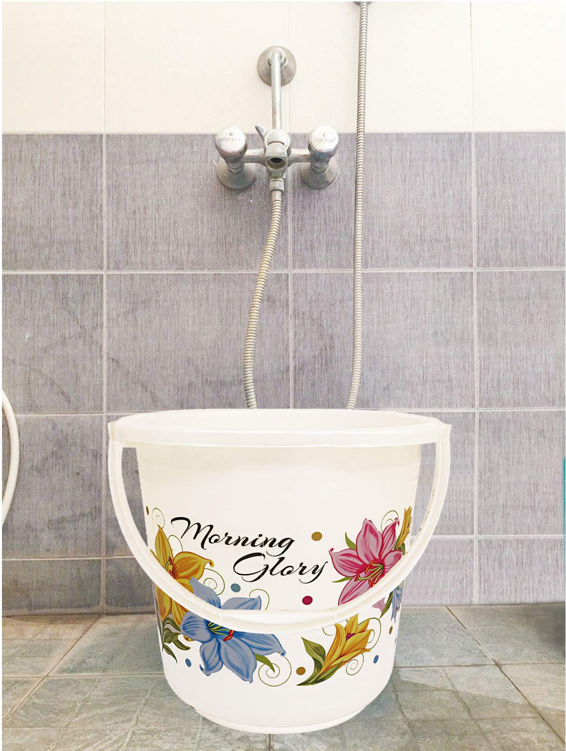 Kuber Industries Floral Print Unbreakable Strong Plastic Bathroom Bucket 16 LTR (White) -CTKTC134880