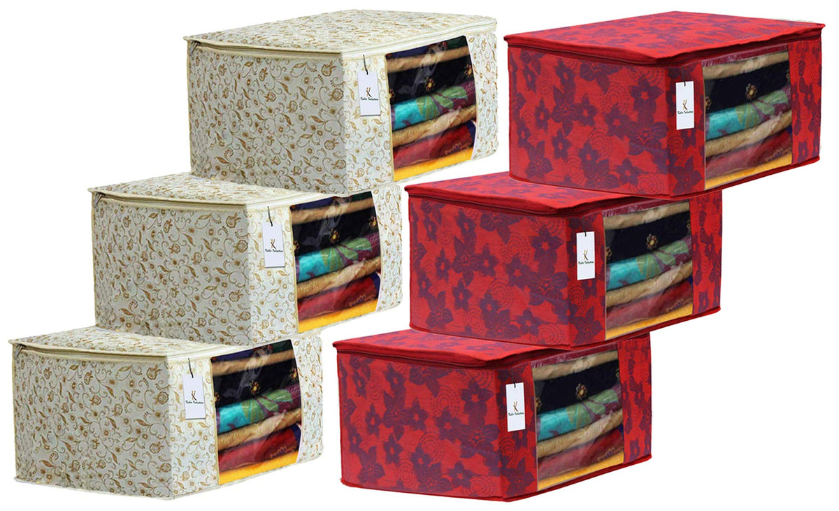 Kuber Industries Metalic Printed 6 Piece Non Woven Fabric Saree Cover Set with Transparent Window, Extra Large, Brown & Red -CTKTC040869