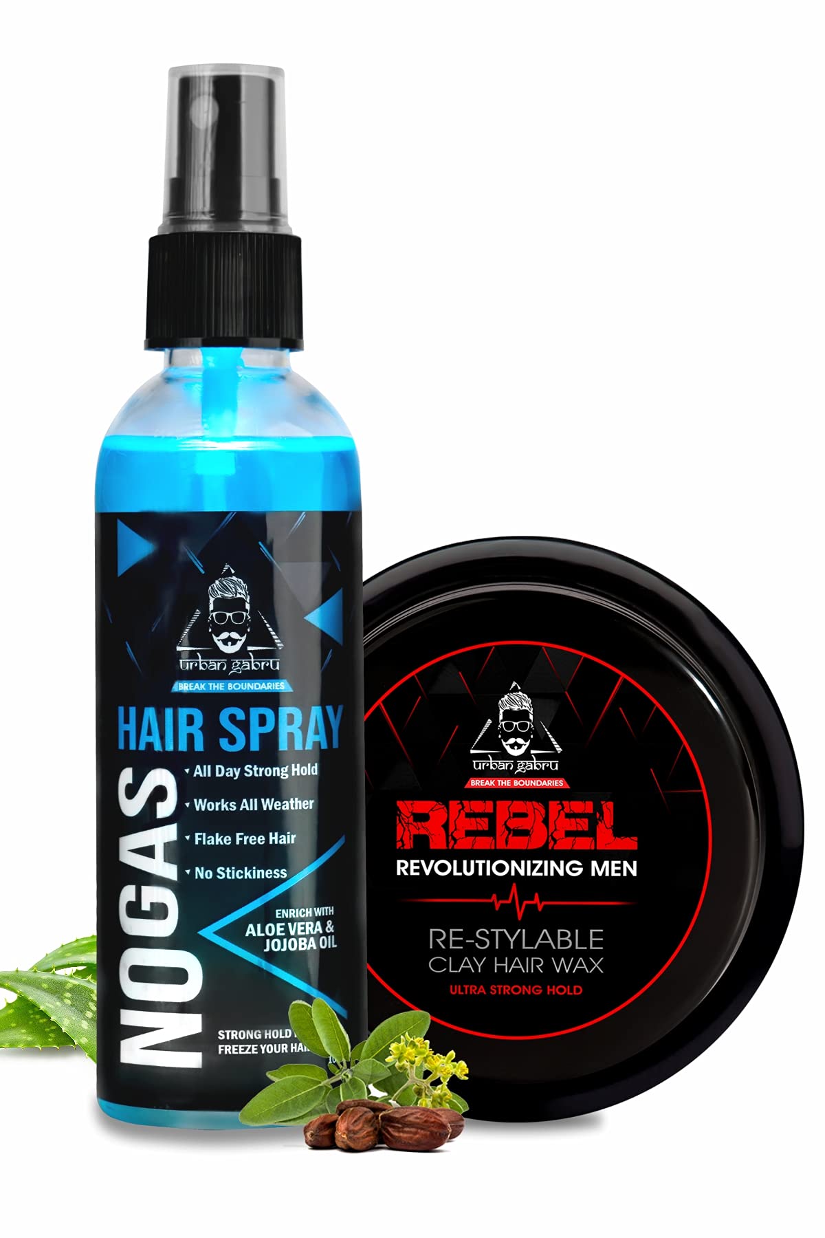 Urbangabru Combo Hair Styling Kit - Rebel Hair Styling Clay Wax (85 Gram) for 100 Times Re-Styleable and Unlimitied Strong Hold No Gas Hair Spray (100 ml)