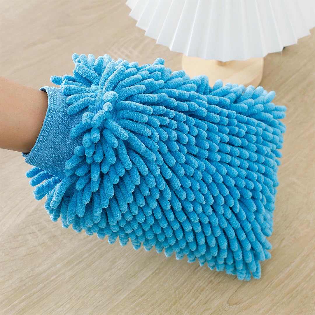 UMAI Microfiber Double-Sided Chenille Wash Mitt 1000 GSM - Super Soft, Ultra-Absorbent, Multipurpose and Double Sided Dusting Gloves for Home Cleaning | Car Cleaning, Windows and Kitchen (Blue)