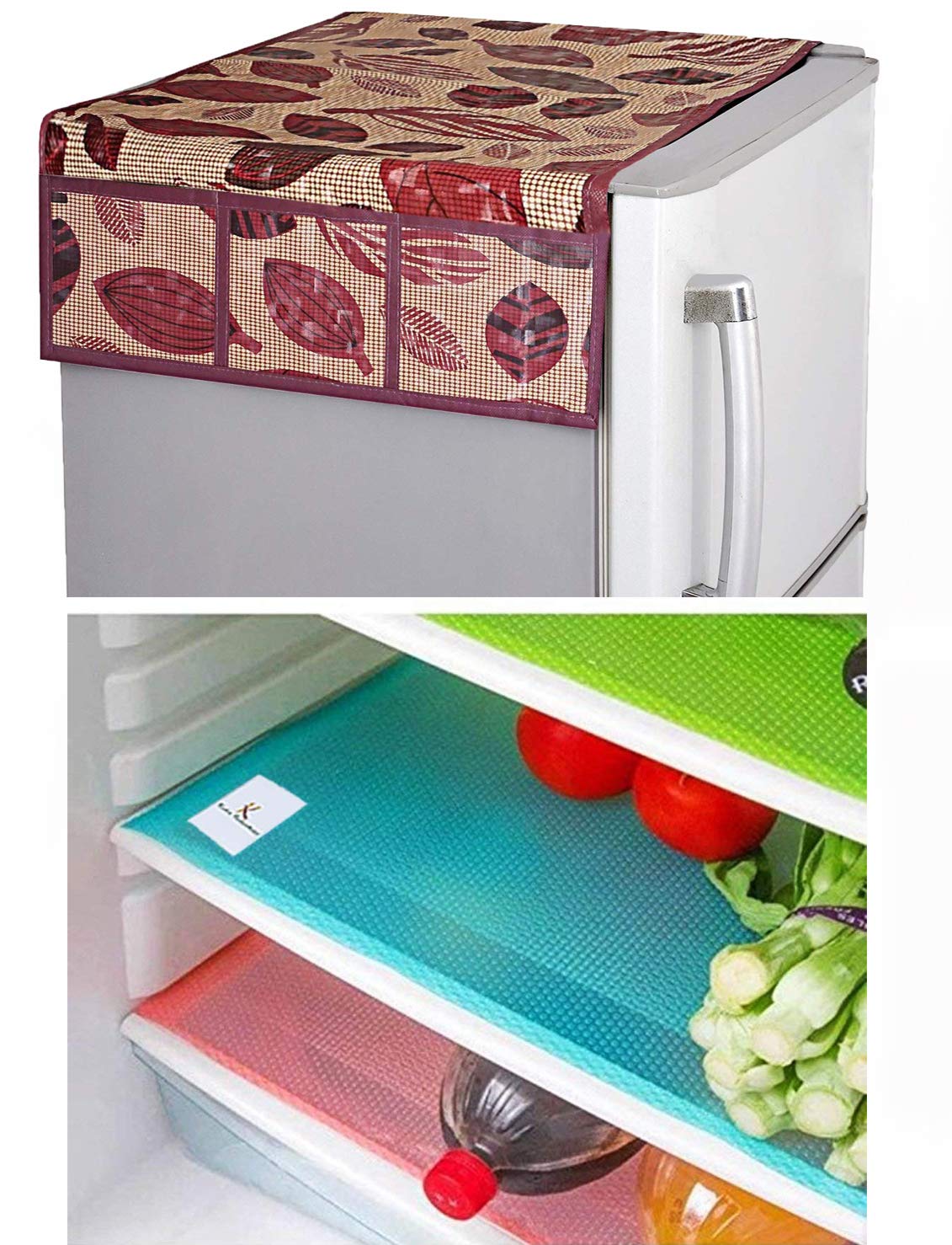 Kuber Industries PVC 3 Pieces Fridge Mats and 1 Piece Fridge Top Cover (Brown & Maroon)-CTKTC32737