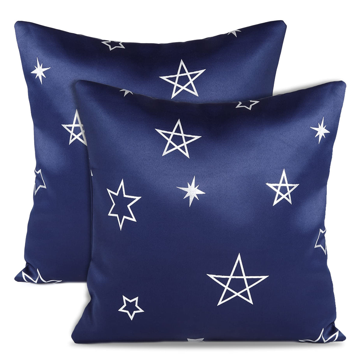 Encasa Homes Satin Weave Polyester Silver Star Foil Printed Star Navy Square Cushion Covers 16 x 16 inch Pack of 2