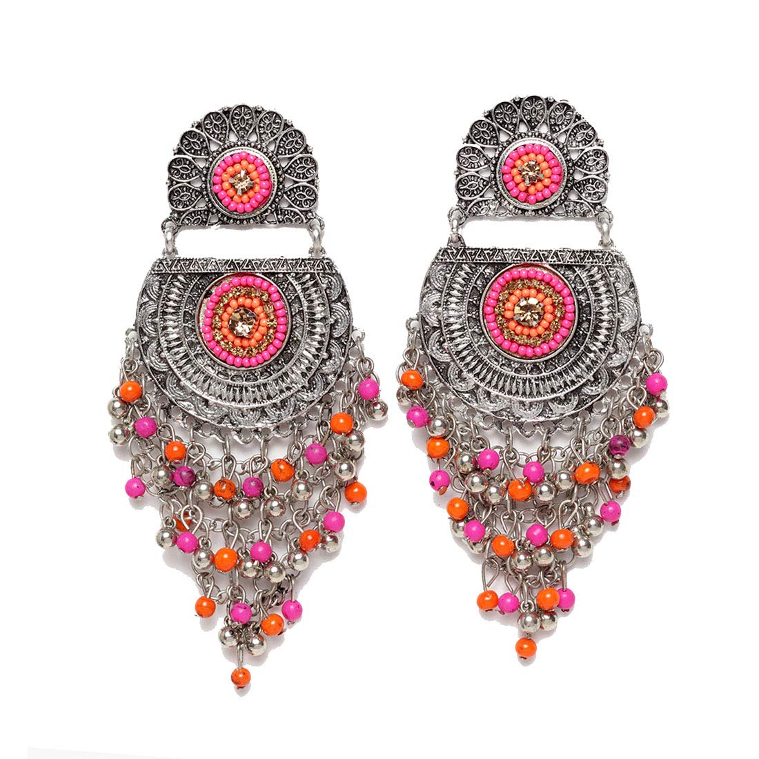 Yellow Chimes Oxidised Earrings for Women Afghani Tribal Pink Beads Oxidized Silver Traditional Chandbali Dangler Earrings for Women and Girls