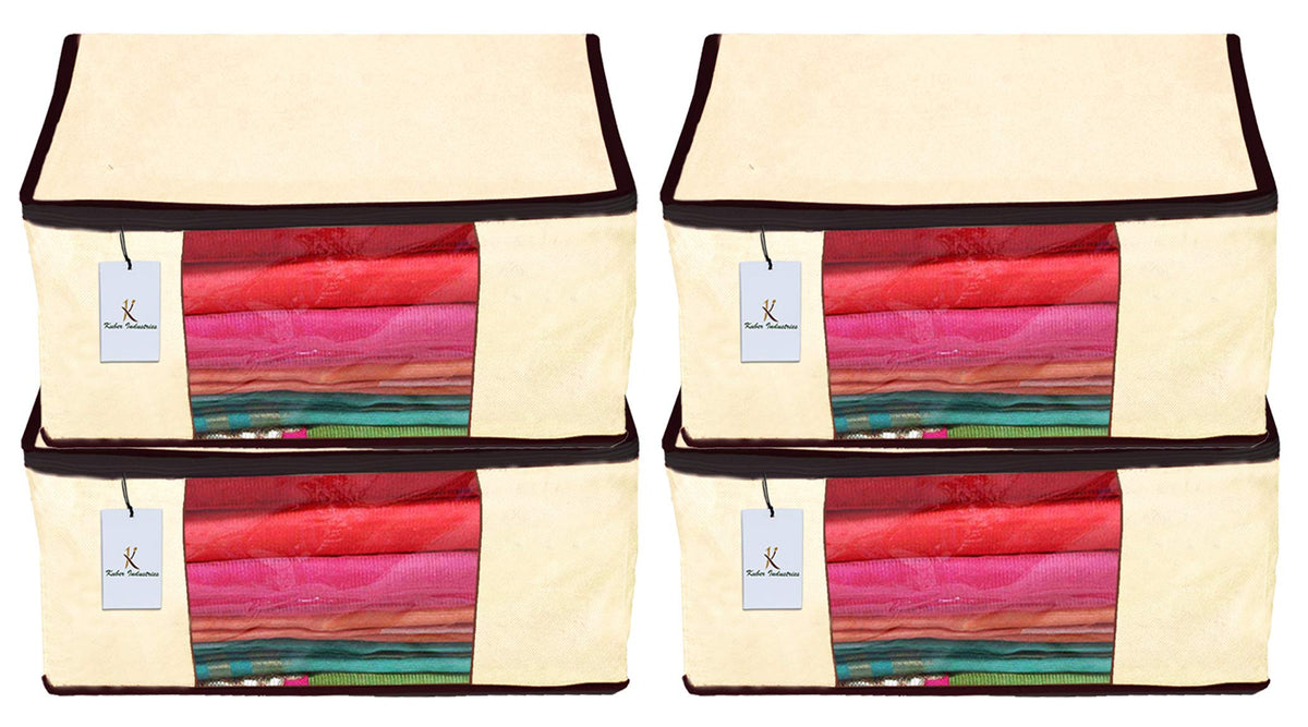Kuber Industries 4 Piece Non Woven Fabric Saree Cover Set with Transparent Window, Extra Large, Ivory-CTKTC23775