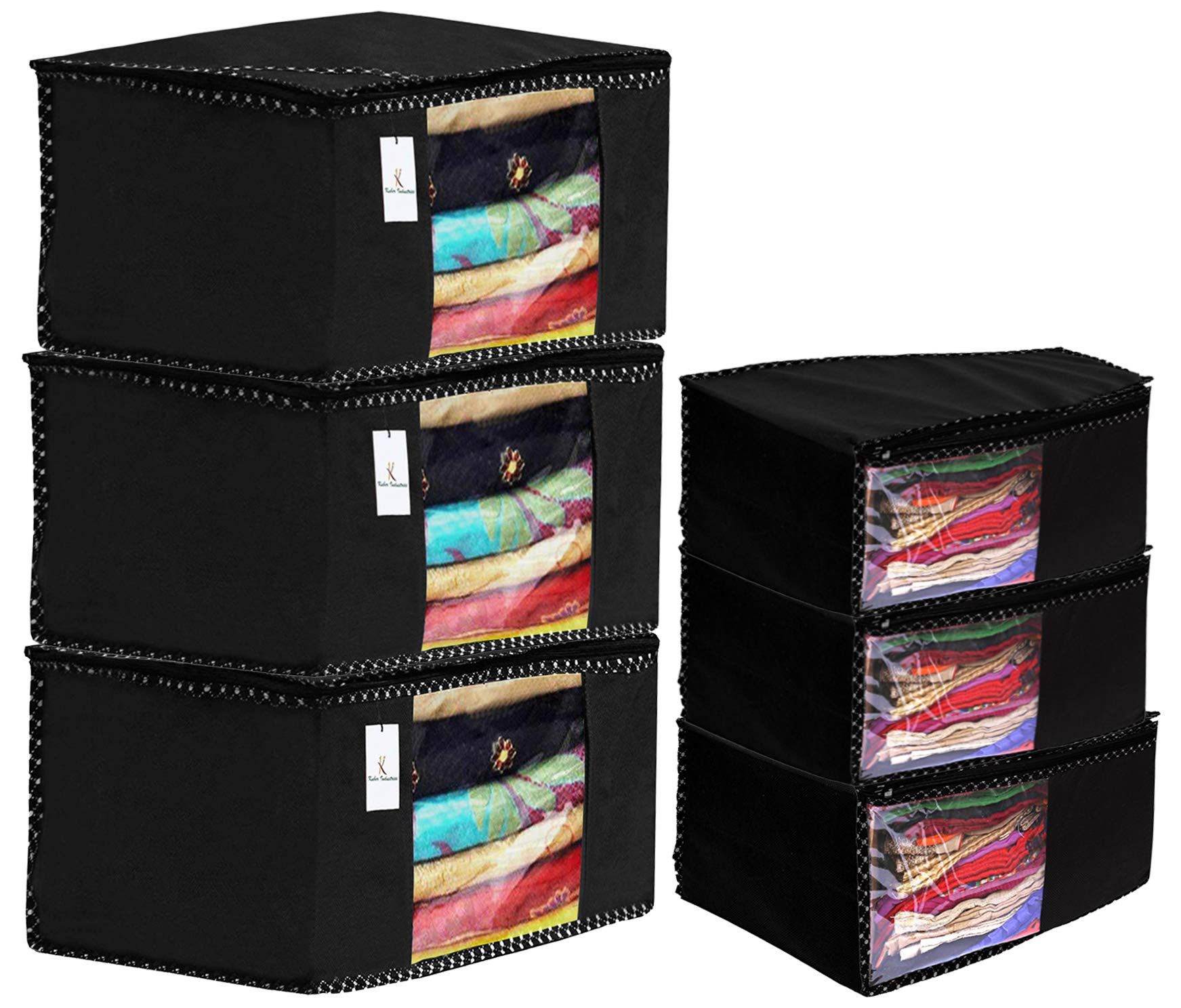 Kuber Industries Non Woven 3 Piece Saree Cover/Cloth Wardrobe Organizer and 3 Pieces Blouse Cover Combo Set (Black) -CTKTC038392