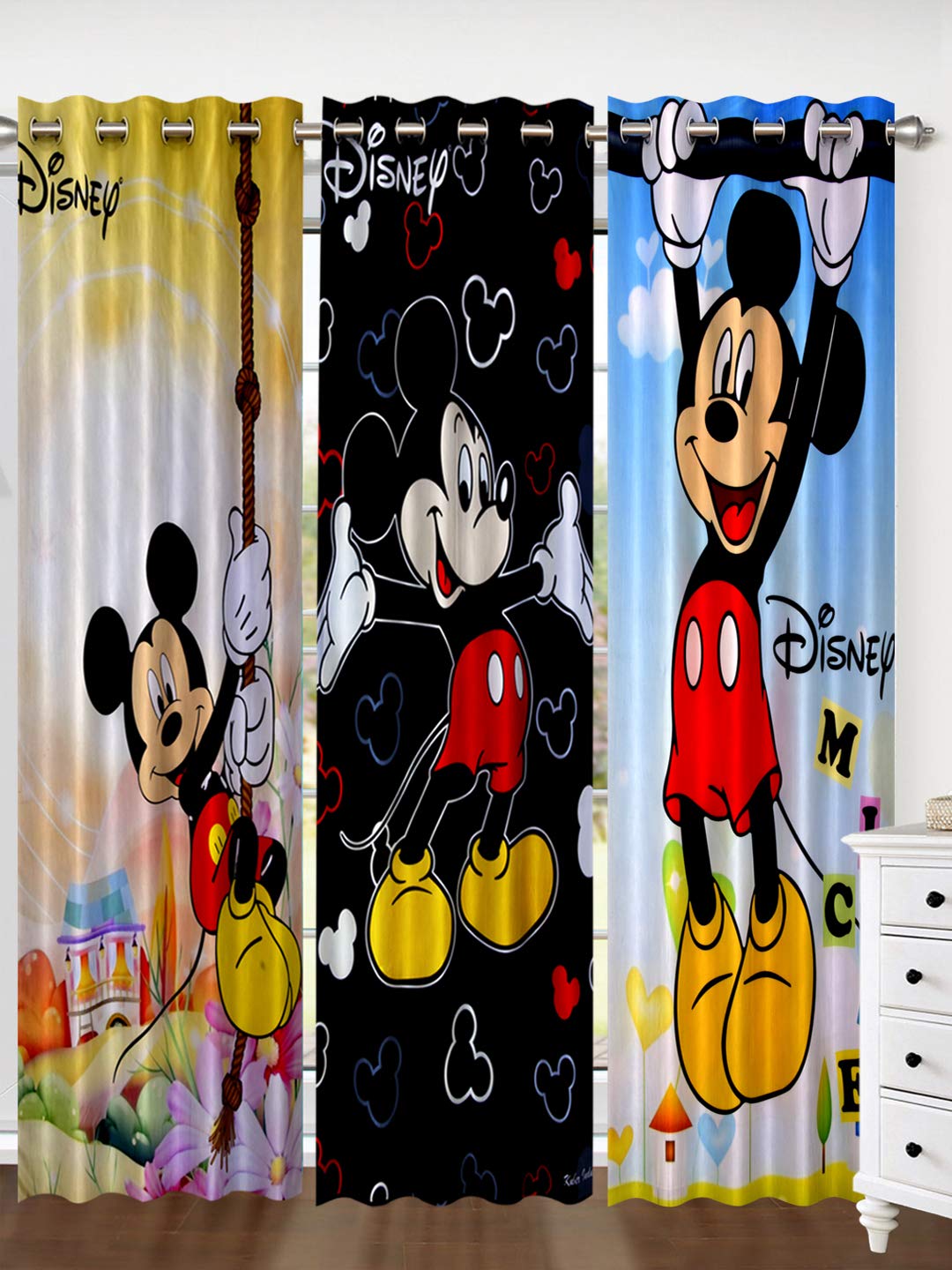 Kuber Industries Disney Mickey Print 3 Pieces Polyester Special Blackout Long Crush Eyelet Door Curtain 7 Feet (Yellow, Sky Blue, Black)-KUBMART84