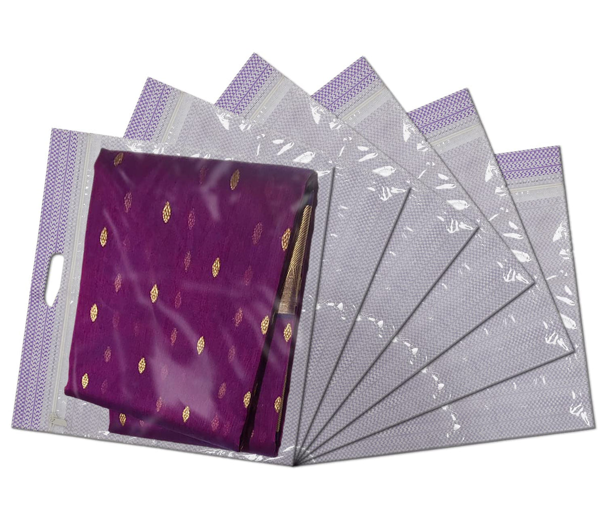 Kuber Industries Non-Woven Wardrobe Organizer/Gift Bags/Storage Bag For Store Saree, Lehenga, Suit With Transparent Window With Handle- Pack of 6 (Purple)