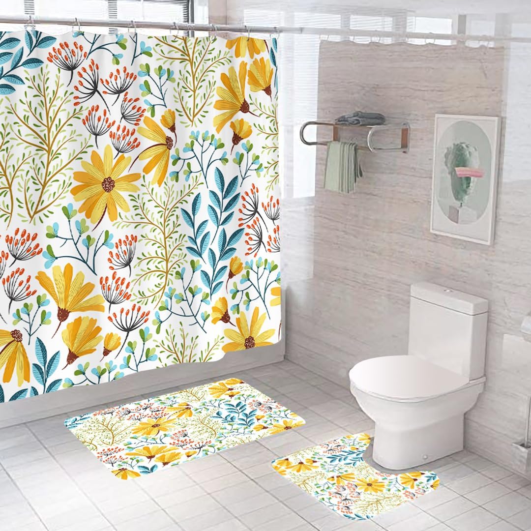 SAVYA HOME Shower Curtain (1) & Bathroom Mat (2) Set, Shower Curtains for Bathroom I, Waterproof Fabric I Anti Skid Mat for Bathroom Floor I Floral Yellow, Pack of 3