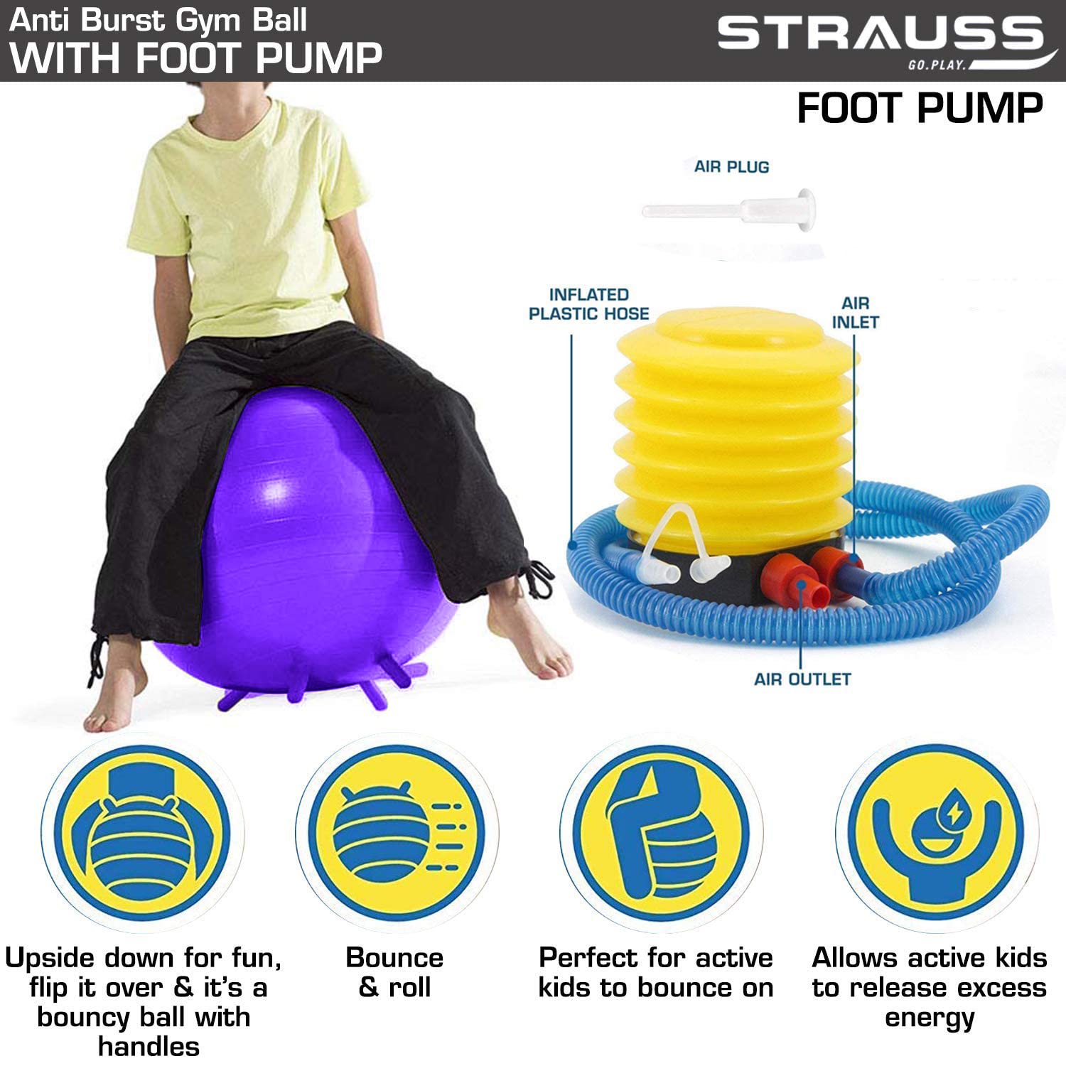 STRAUSS Anti-Burst Rubber Gym Ball with Free Foot Pump