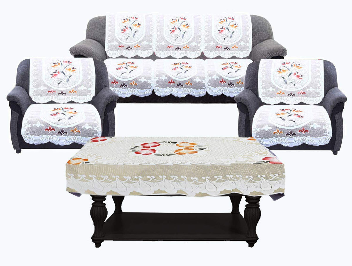 Heart Home Flower Cotton 7 Piece 5 Seater Sofa Cover with Centre Table Cover (Cream) CTHH3114
