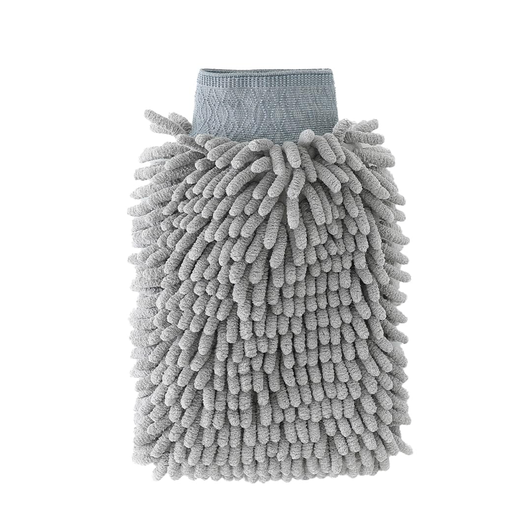 CARBINIC Microfiber Double-Sided Chenille Wash Mitt 1000 GSM - Super Soft, Ultra-Absorbent, Multipurpose and Double Sided Dusting Gloves for Car Cleaning | Home Cleaning, Windows and Kitchen (Grey)