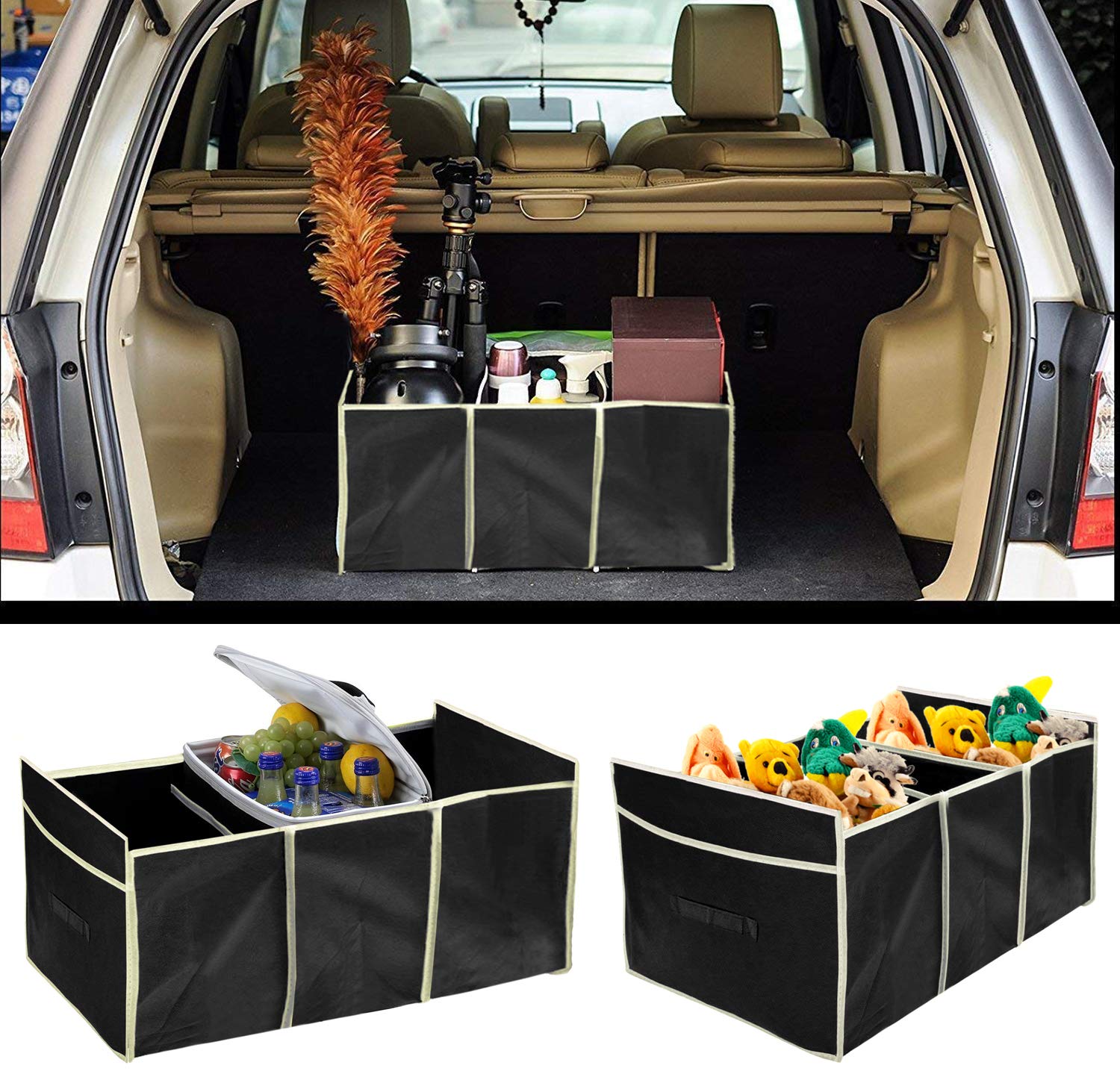 Kuber Industries Foldable Trunk Storage Organizer, Reinforced Handles, Suitable for Any Car, SUV, Mini-Van- Pack of 2 (Black)
