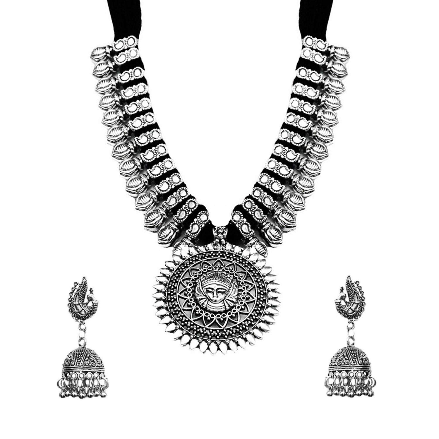 Yellow Chimes Oxidised Jewellery Set for Women Silver Oxidised Jewellery Set Dori Threaded Traditional Necklace Set for Women and Girls.