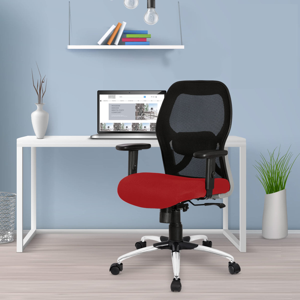 SAVYA HOME Apollo Mid Back Ergonomic Office Chair with Adjustable Arms and Anyposition Tilt Lock Mechanism (2D Lumbar Support & Contoured Meshback, 1 Piece) (Red)