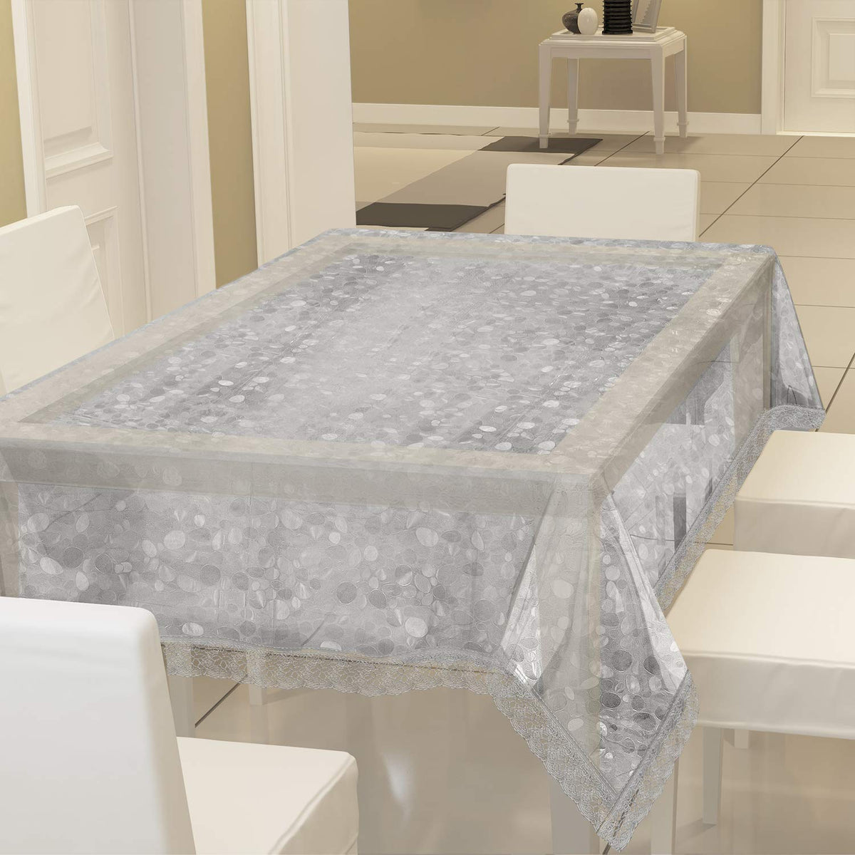 Kuber Industries Dining Table Cover 6 Seater|Table Cloth|Table Cover for Home, Restaurant|Transparent 3D Design (Silver)