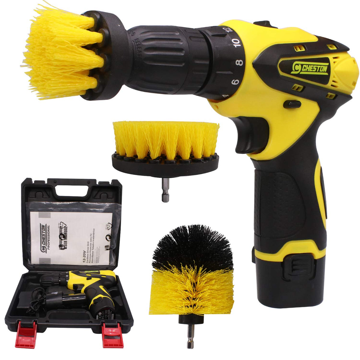 Cheston Electric Drill Brush Power Scrub for Floor, Bathroom, Tile, Car, Grout, Kitchen and Other Cleaning (Yellow, 3 Pieces)