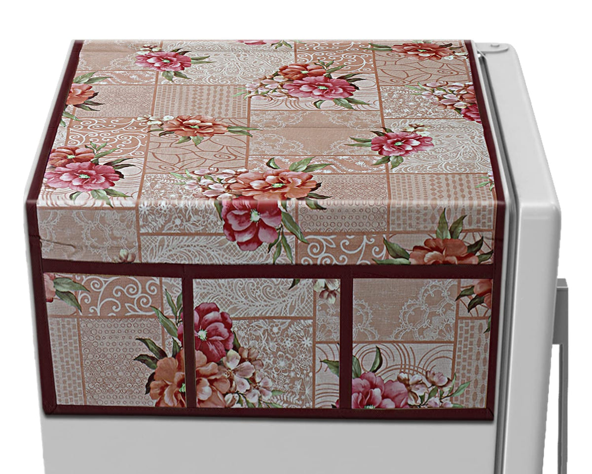 Kuber Industries Flower Printed PVC Fridge Top Cover with 6 Utility Side Pockets (Peach),Standard