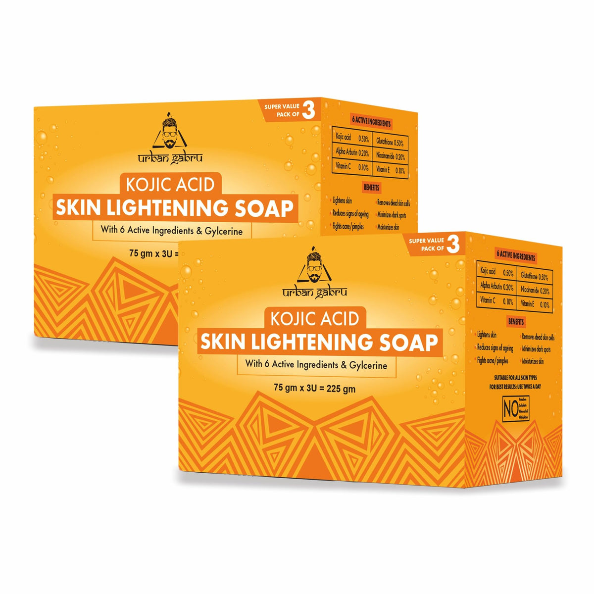 UrbanGabru Kozic Acid Skin Lightening Soap Pack of 6| Kojic acid soap with Glycerine, Glutathione, Alpha Arbutin, Niacinamide (75 g X 6)