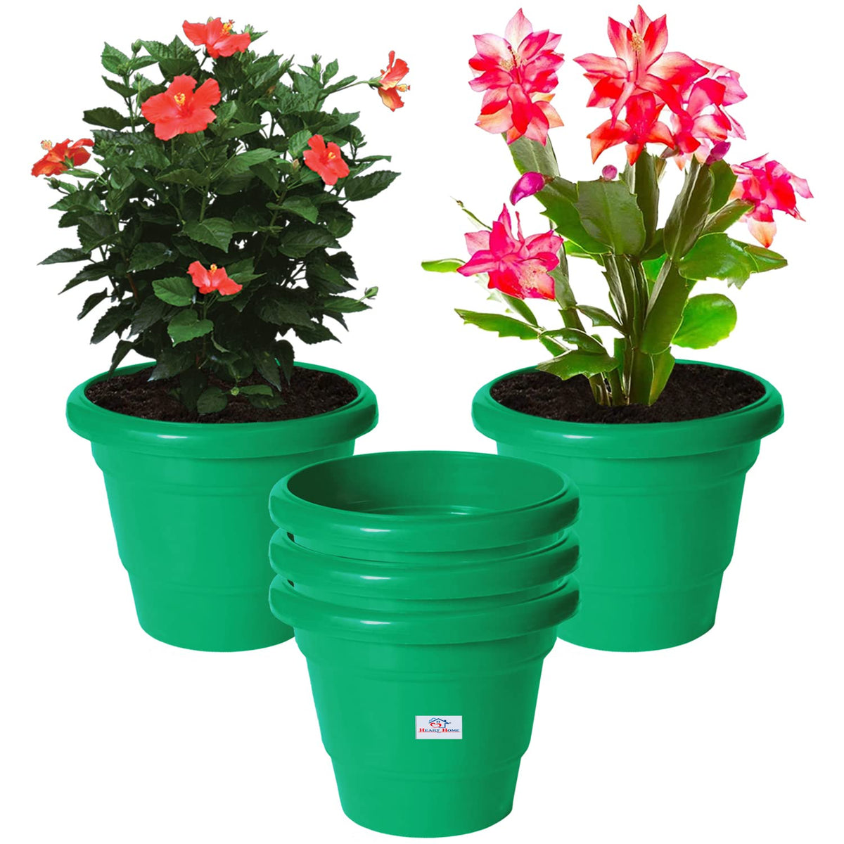 Heart Home Solid 2 Layered Plastic Flower Pot|Gamla for Home Decor,Nursery,Balcony,Garden,6"x5",Pack of 5 (Green)