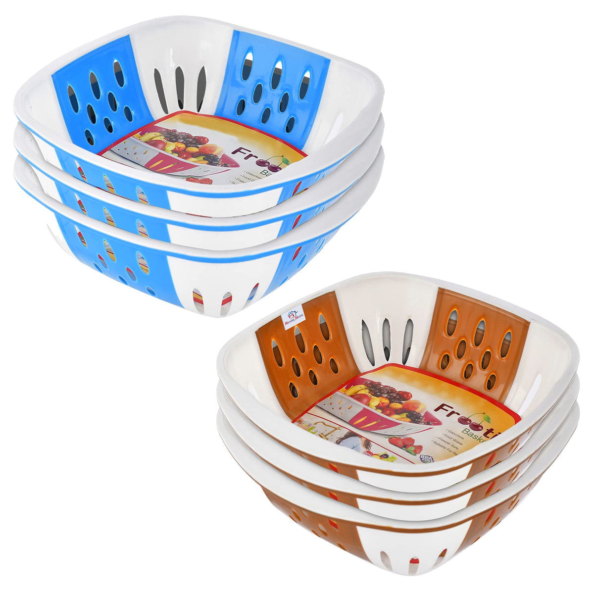 Heart Home Medium Multi-Purpose Plastic Storage Baskets for Fruits Vegetables and Kitchen Fridge Dining Table- Pack of 6 (Blue & Brown)-HS42KUBMART25346