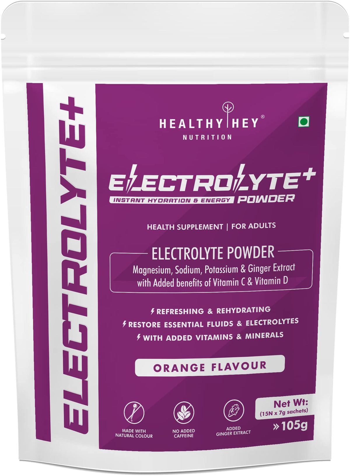 HealthyHey Nutrition Electrolyte Powder, Orange Natural Flavor - Hydration Drink Mix Supplement with Ginger Extract - Boost Energy - NO Maltodextrin Sugar (Orange, 15 Serving)