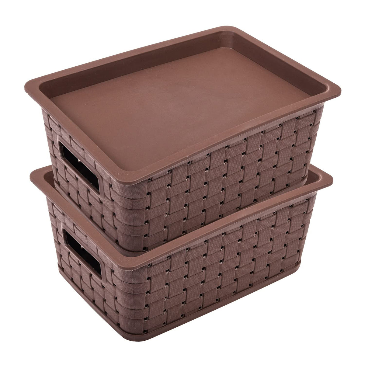 Kuber Industries BPA Free Attractive Design Multipurpose Large Trendy Storage Basket With Lid|Material-Plastic|Color-Brown|Pack of 2