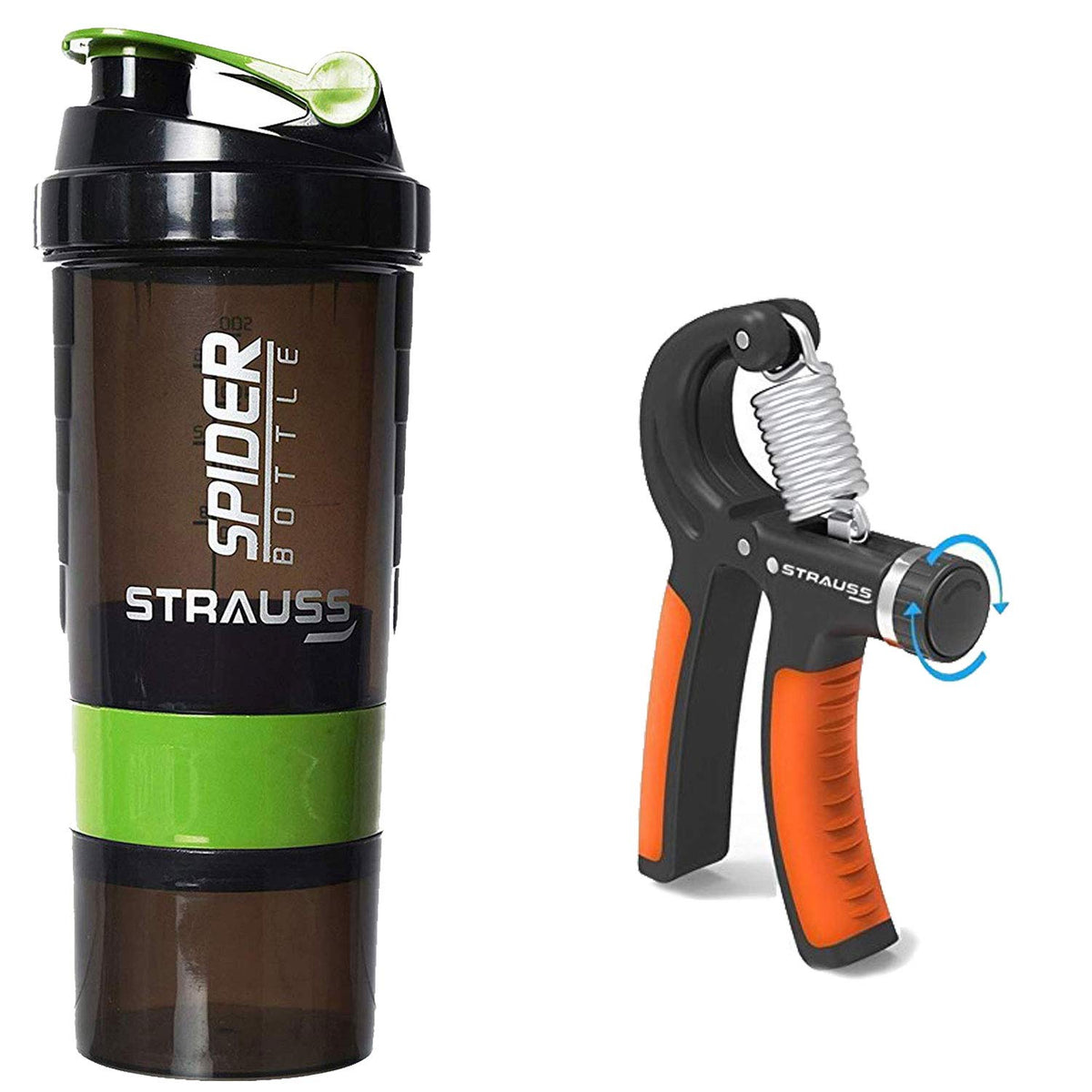 Strauss Spider Shaker Bottle 500ml, (Green) and Adjustable Hand Grip Strengthener, (Black/Orange)