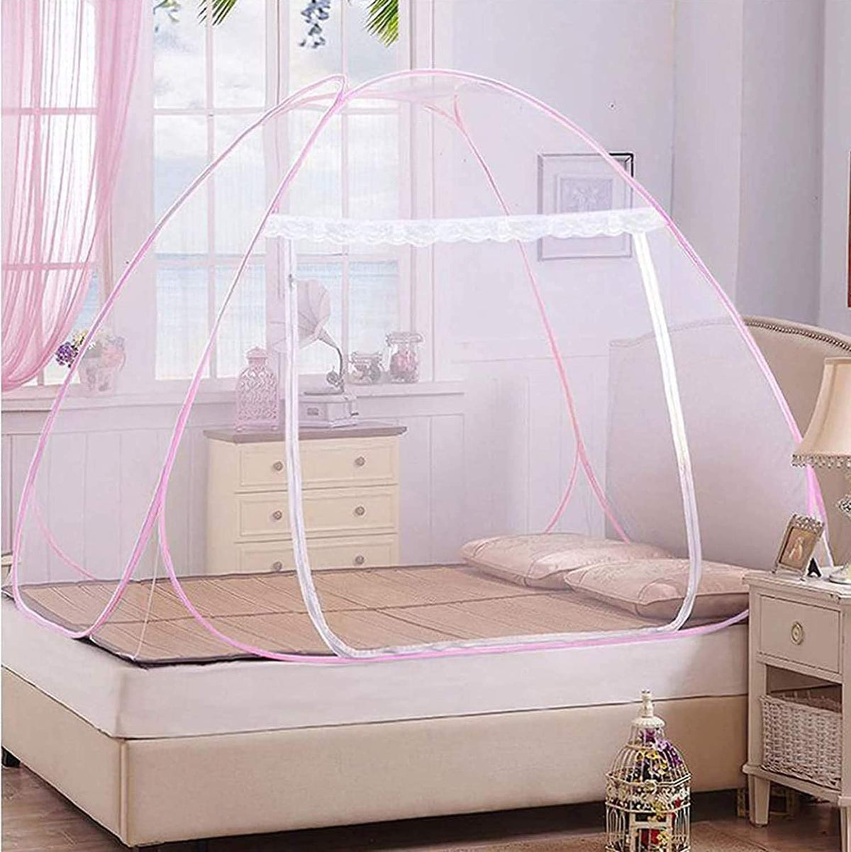 Kuber Industries Mosquito Net for Double Bed|Easily Foldable Machardani|Nylon Strong Net|King Queen Size & Corrosion Resistant|Size 200 x 200 x 145 cm (Pink)