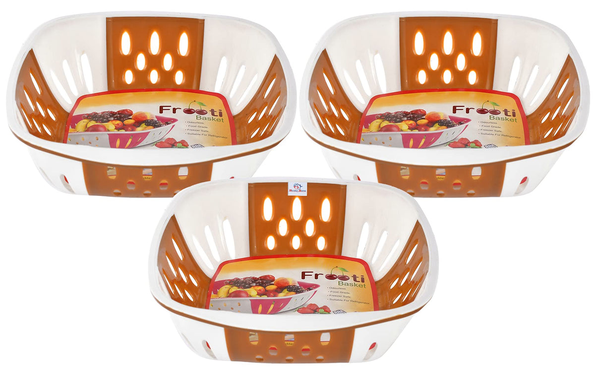 Heart Home Large Plastic Fruit, vegetable Storage Basket- Pack of 3 (Brown)-HS42KUBMART25391