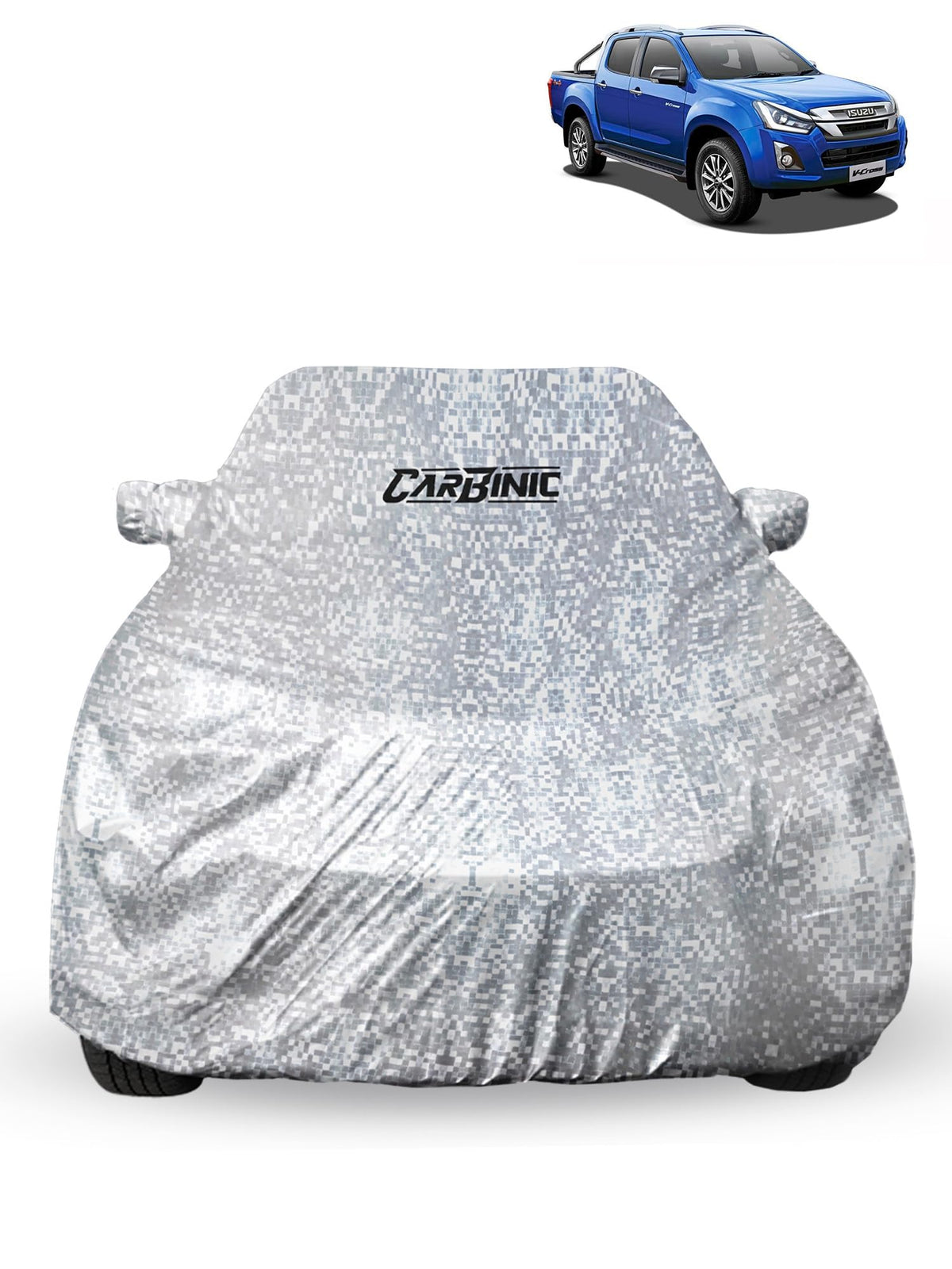 CARBINIC Car Cover for Isuzu D-Max V-Cross2021 Waterproof (Tested) and Dustproof Custom Fit UV Heat Resistant Outdoor Protection with Triple Stitched Fully Elastic Surface | Silver with Pockets