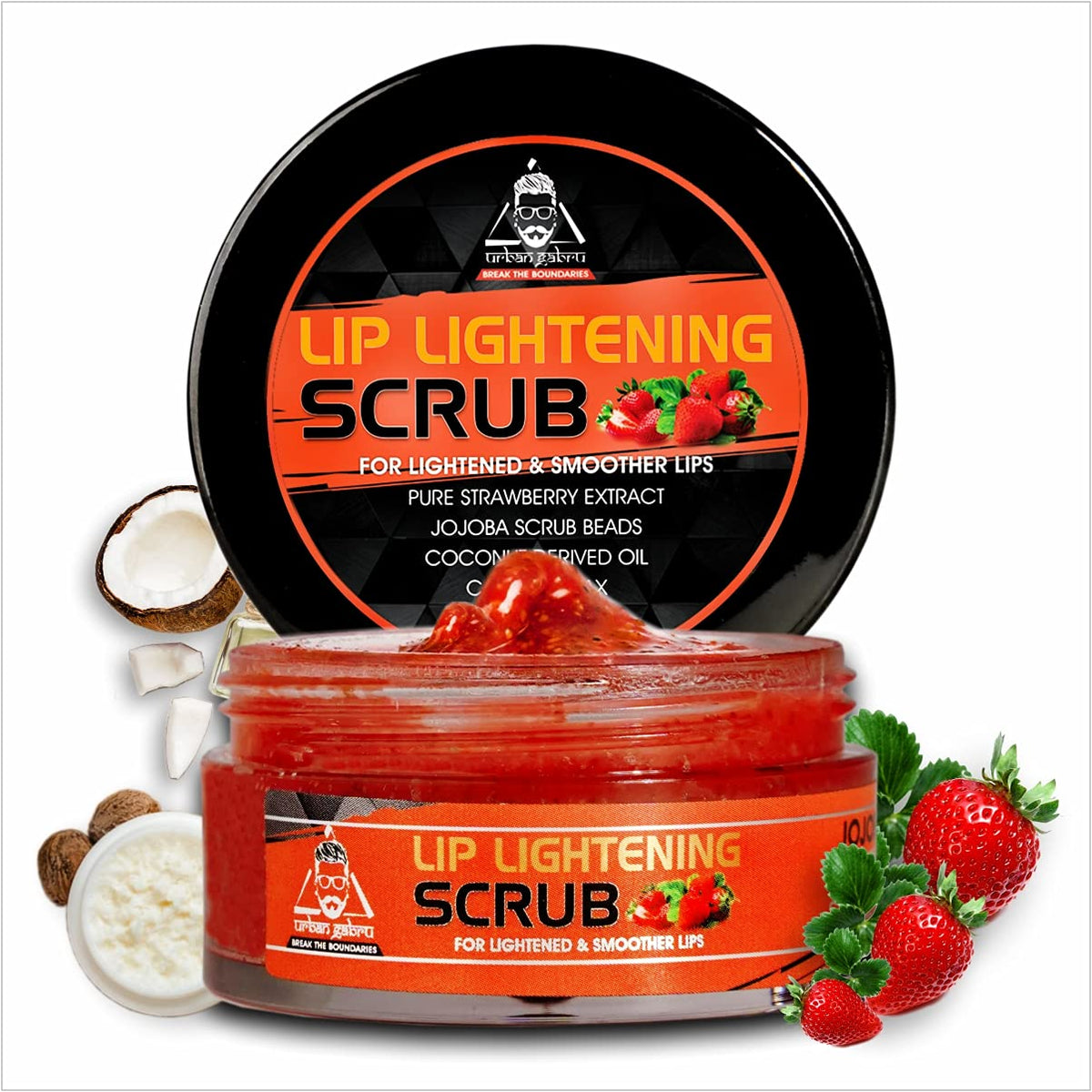Urbangabru Lip Scrub Balm for Lightening & Brightening Dark Lips with Shea Butter, Coconut Oil & Strawberry Extracts, 25g
