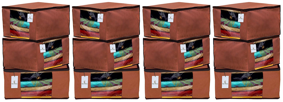 Kuber Industries 12 Pieces Non Woven Fabric Saree Cover/Clothes Organiser for Wardrobe Set with Transparent Window, Extra Large (Brown)-KUBMART2773