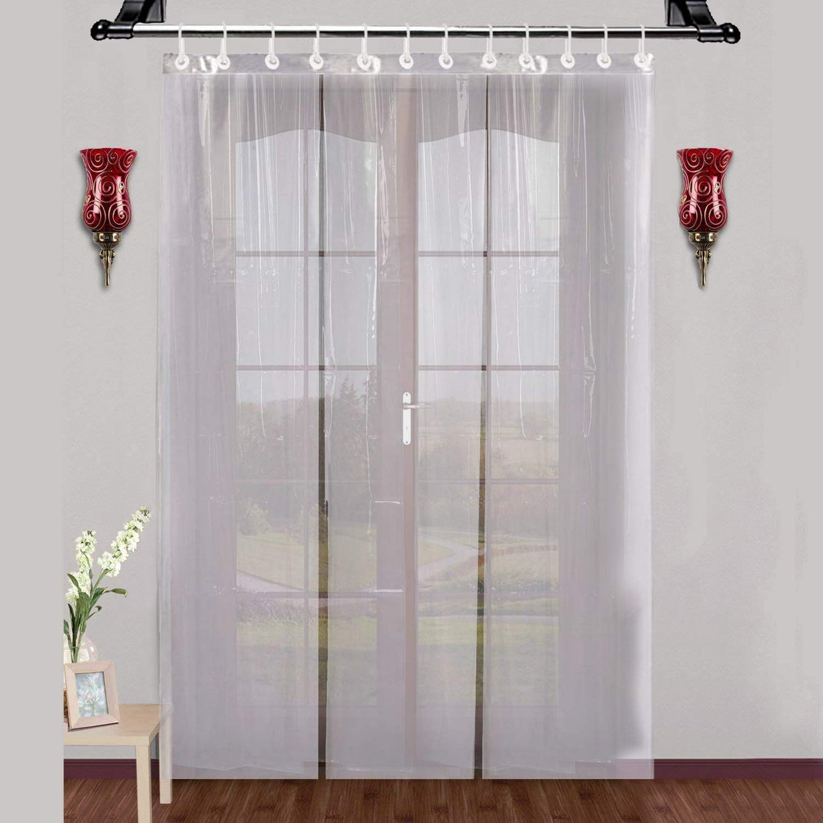 Heart Home 3 Strips PVC 1 Piece Plain 0.50 MM Shower AC Door Curtain 9 Feet (Transparent), (Model: F_26_HEARTH016894)