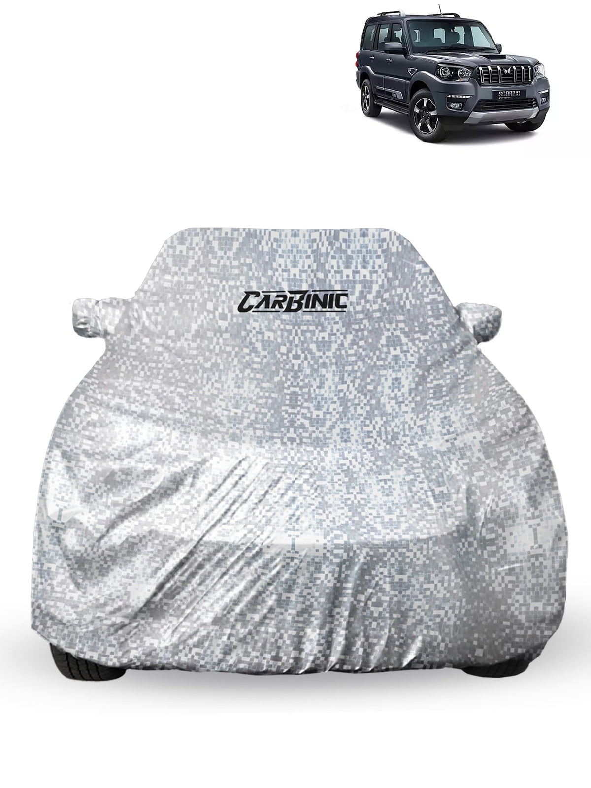 CARBINIC Car Cover for Mahindra Scorpio2022 Waterproof (Tested) and Dustproof Custom Fit UV Heat Resistant Outdoor Protection with Triple Stitched Fully Elastic Surface | Silver with Pockets