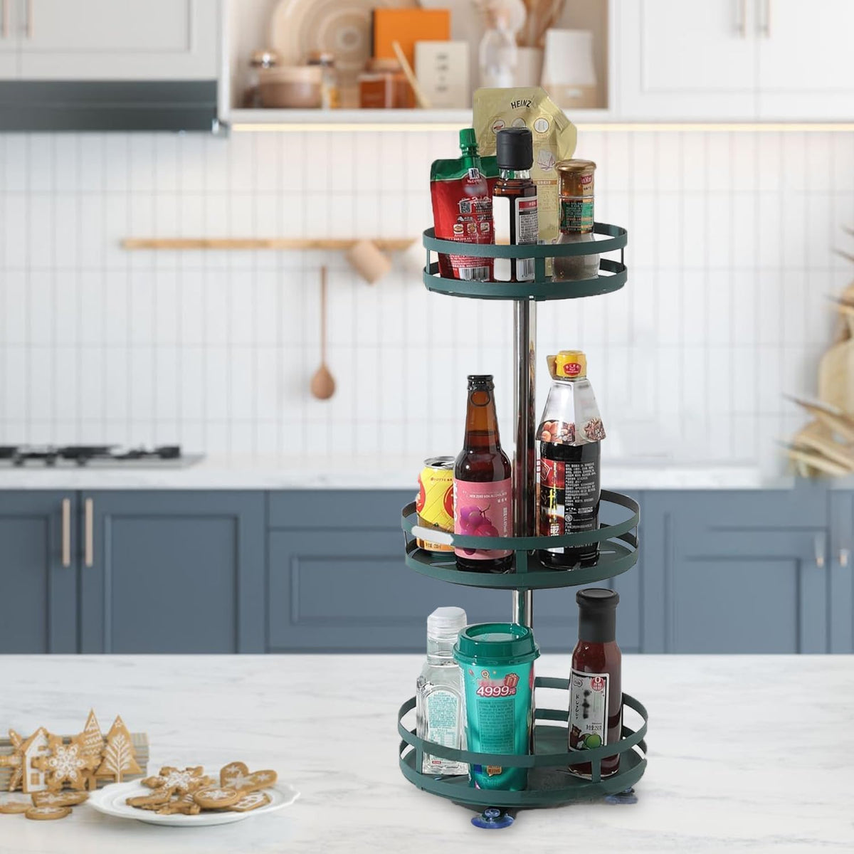 Plantex 3-Layer Rotating Spice Rack|Circular Shelf for Cabinet Countertop|360-Degree Rotable Kitchen Trolley|Fruit Basket (Dark Green)